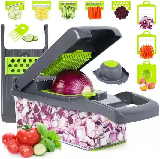 16-In-1 Multifunctional Vegetable Chopper & Slicer With Colander Basket And Storage Container – Heavy-Duty Food Cutter & Dicer For Onion, Potato, Carrot, Garlic & More